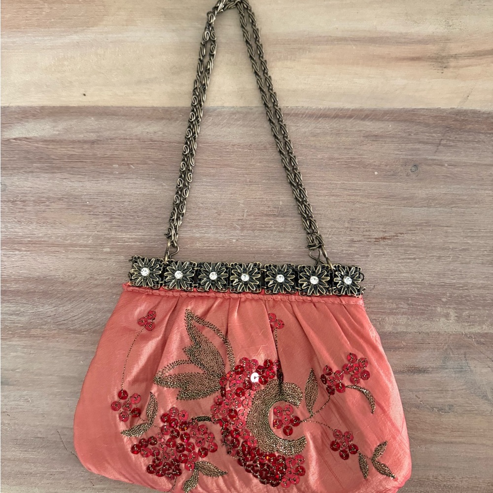 ERMO Sequin Embroidered Coral Floral Evening Clutch Bag